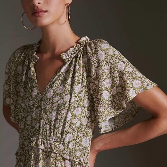 ANTHROPOLOGIE Dress Womens XS Green Robin Tiered Mini Short Sleeve Floral Print - Picture 4 of 16